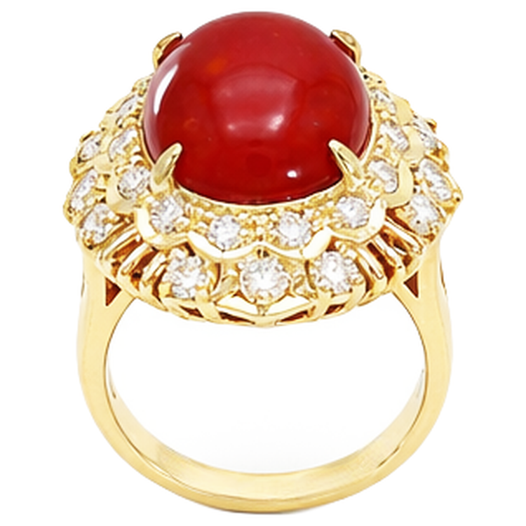 Bague en corail rouge ovale de 13.50 ct avec diamants ronds en or jaune 14K