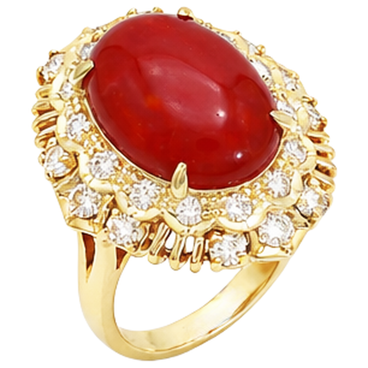 Bague en corail rouge ovale de 13.50 ct avec diamants ronds en or jaune 14K