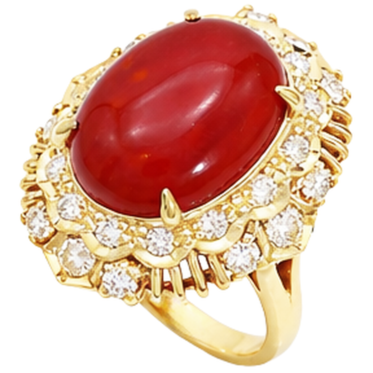 Bague en corail rouge ovale de 13.50 ct avec diamants ronds en or jaune 14K