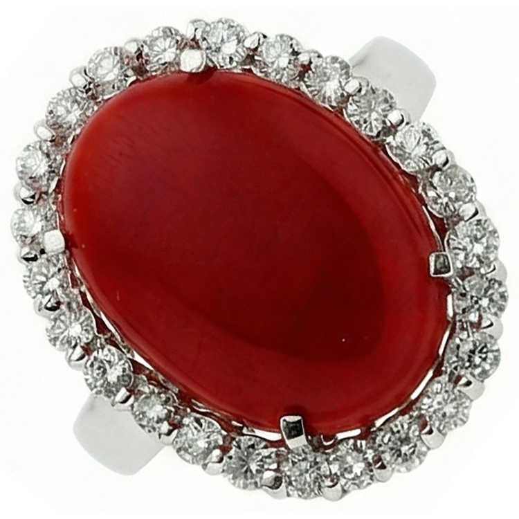 Bague en corail rouge sertie de griffes de 11.25 ct avec diamants en or blanc 14 carats