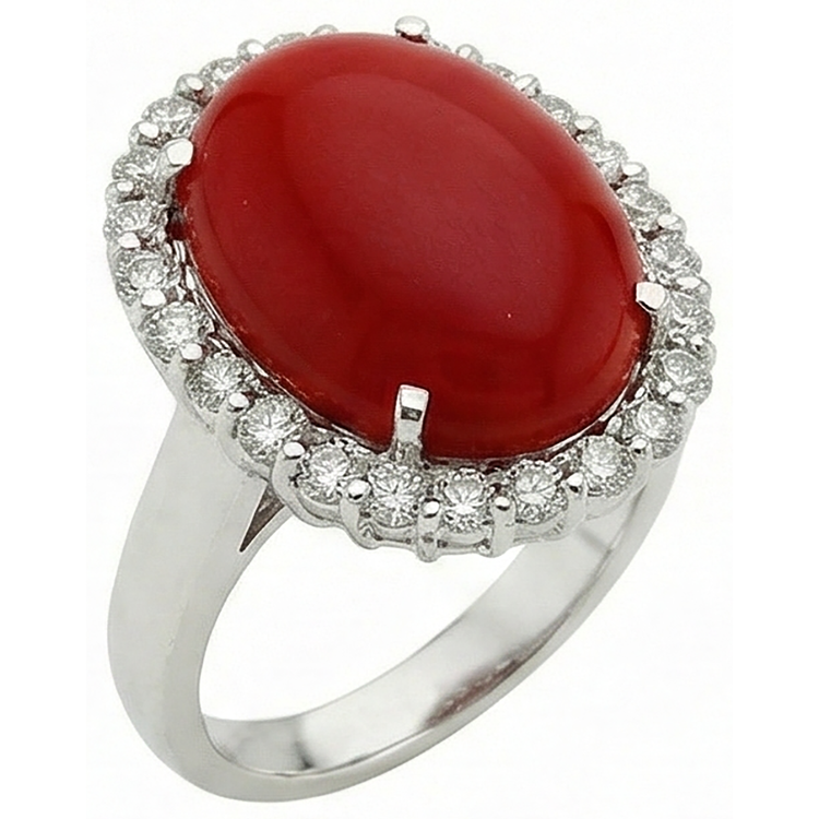 Bague en corail rouge sertie de griffes de 11.25 ct avec diamants en or blanc 14 carats