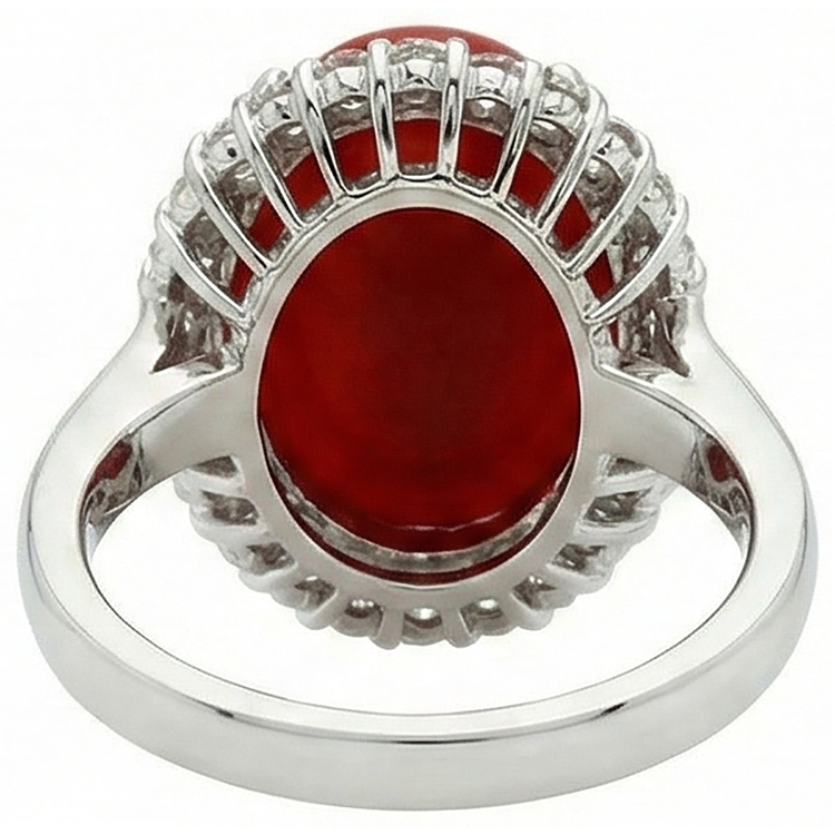 Bague en corail rouge sertie de griffes de 11.25 ct avec diamants en or blanc 14 carats