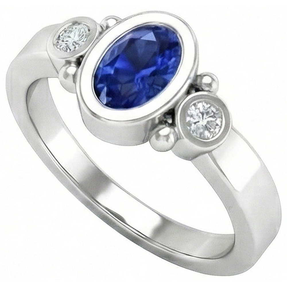 Bague en diamant avec saphir bleu de Ceylan sertie de lunette en or blanc de 1.70 carat 14k
