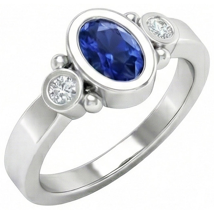 Bague en diamant avec saphir bleu de Ceylan sertie de lunette en or blanc de 1.70 carat 14k