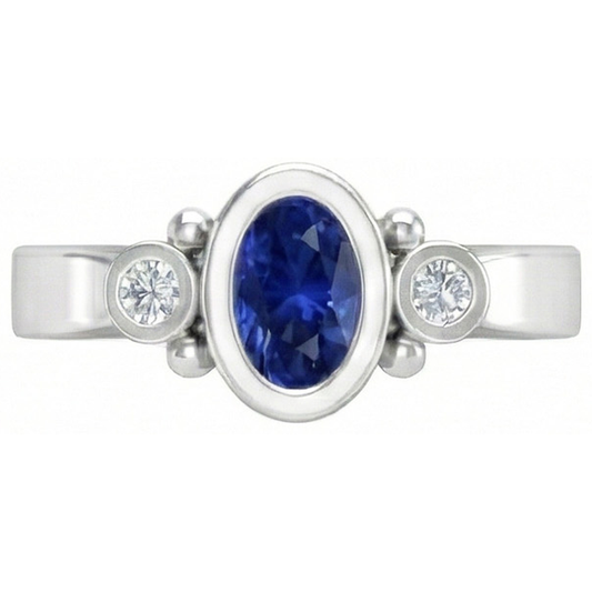 Bague en diamant avec saphir bleu de Ceylan sertie de lunette en or blanc de 1.70 carat 14k