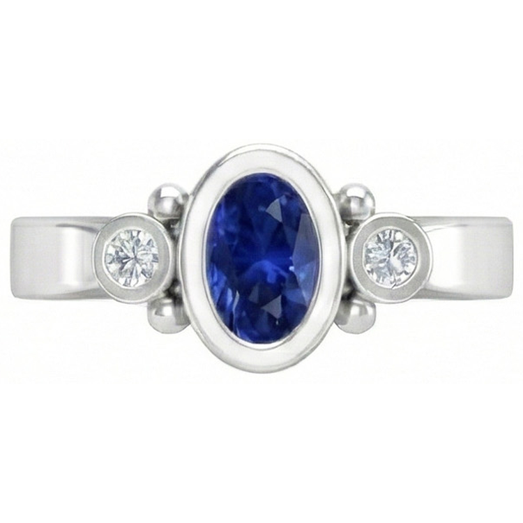 Bague en diamant avec saphir bleu de Ceylan sertie de lunette en or blanc de 1.70 carat 14k