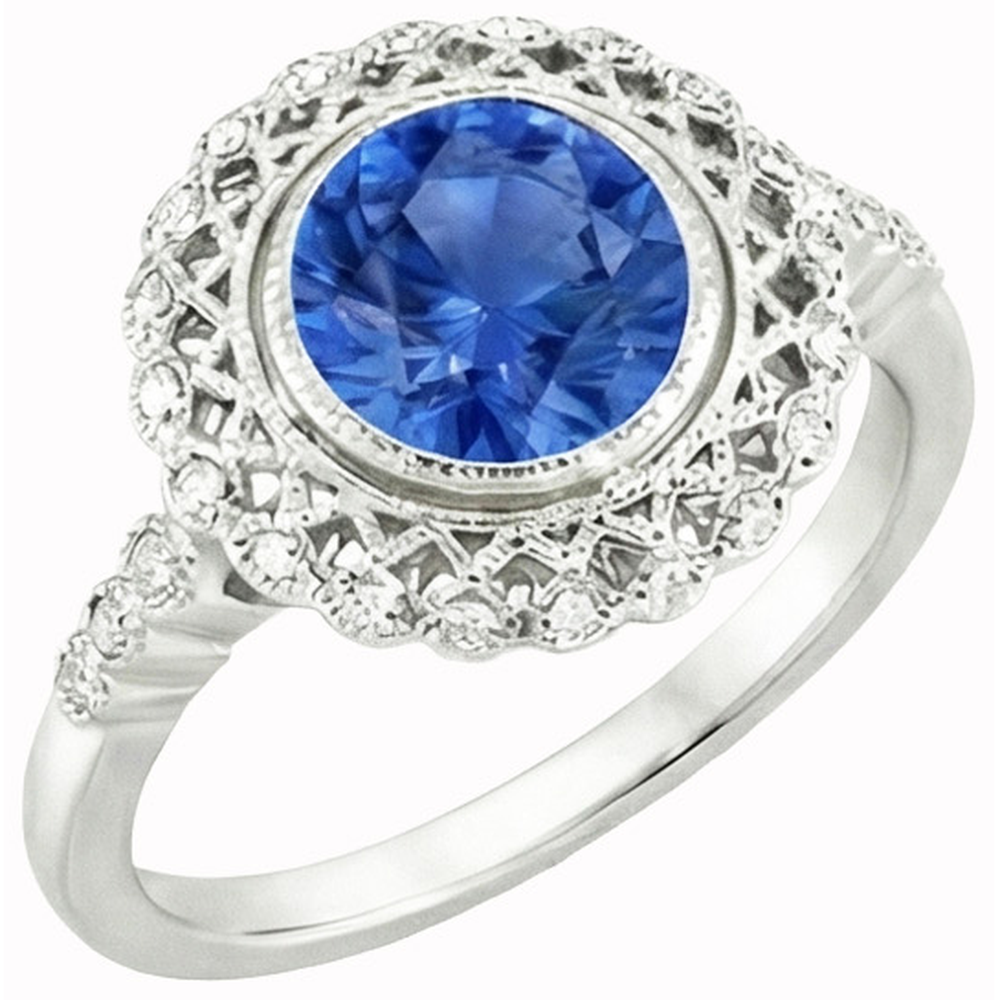 Bague en diamant avec saphir de Ceylan et serti clos en or blanc de 3.80 carats 14K