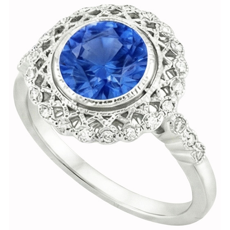 Bague en diamant avec saphir de Ceylan et serti clos en or blanc de 3.80 carats 14K