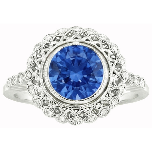 Bague en diamant avec saphir de Ceylan et serti clos en or blanc de 3.80 carats 14K
