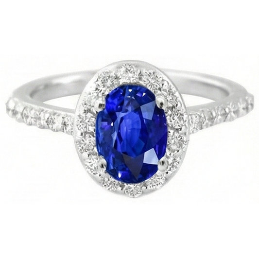 Bague en diamant de saphir de Ceylan de taille ovale de 1.50 ct en or blanc 14 carats