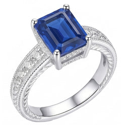 Bague en diamant de style antique sertie de panier saphir bleu 1.75 carats