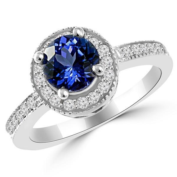 Bague en diamant rond avec halo de saphir de Ceylan. bijoux en or blanc 1.5 ct. - HarryChadEnt.FR