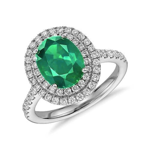 Bague en diamant rond avec halo d'émeraude Vert taille ovale 4.35 carats WG 14K