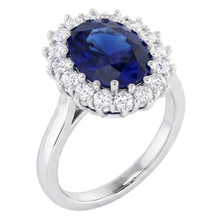 Bague en diamant rond avec saphir de Ceylan de forme ovale de 3.5 ct en or blanc 14K