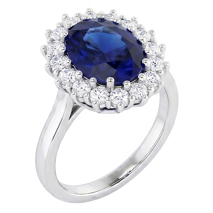 Bague en diamant rond avec saphir de Ceylan de forme ovale de 3.5 ct en or blanc 14K
