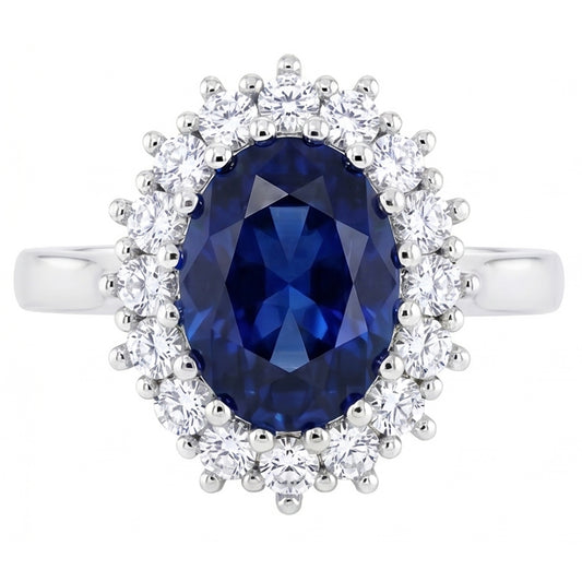 Bague en diamant rond avec saphir de Ceylan de forme ovale de 3.5 ct en or blanc 14K