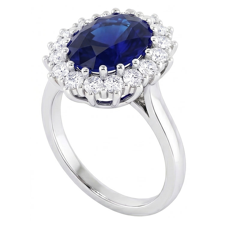 Bague en diamant rond avec saphir de Ceylan de forme ovale de 3.5 ct en or blanc 14K