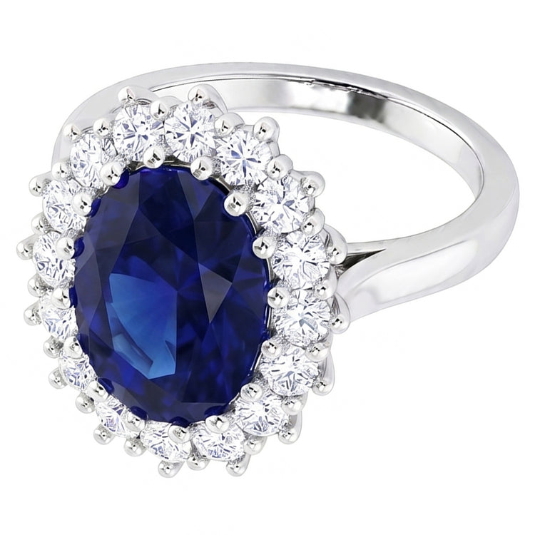Bague en diamant rond avec saphir de Ceylan de forme ovale de 3.5 ct en or blanc 14K