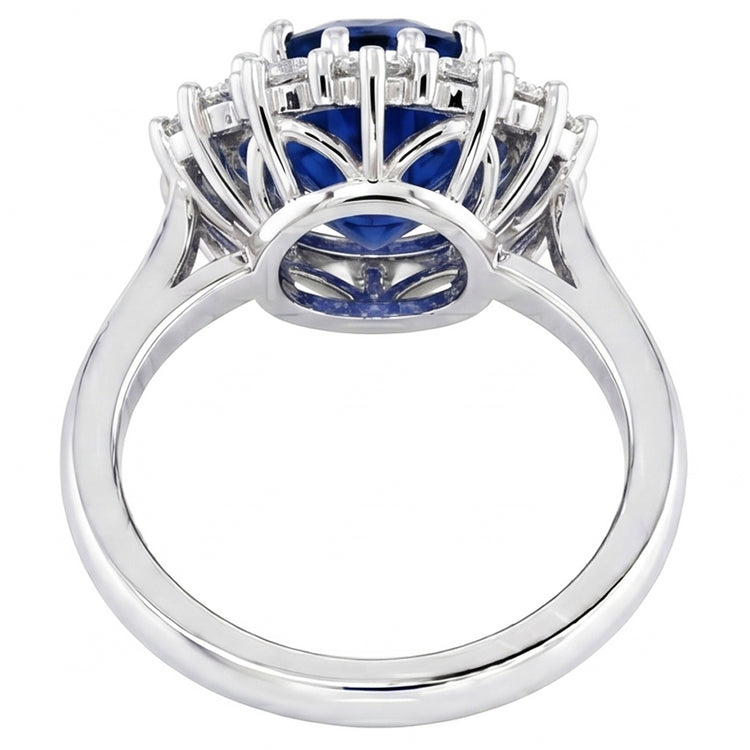 Bague en diamant rond avec saphir de Ceylan de forme ovale de 3.5 ct en or blanc 14K