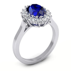 Bague en diamant rond avec saphir de Ceylan de forme ovale de 3.5 ct en or blanc 14K