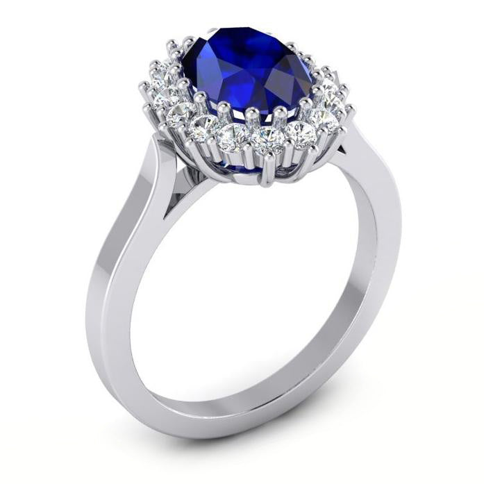 Bague en diamant rond avec saphir de Ceylan de forme ovale de 3.5 ct en or blanc 14K