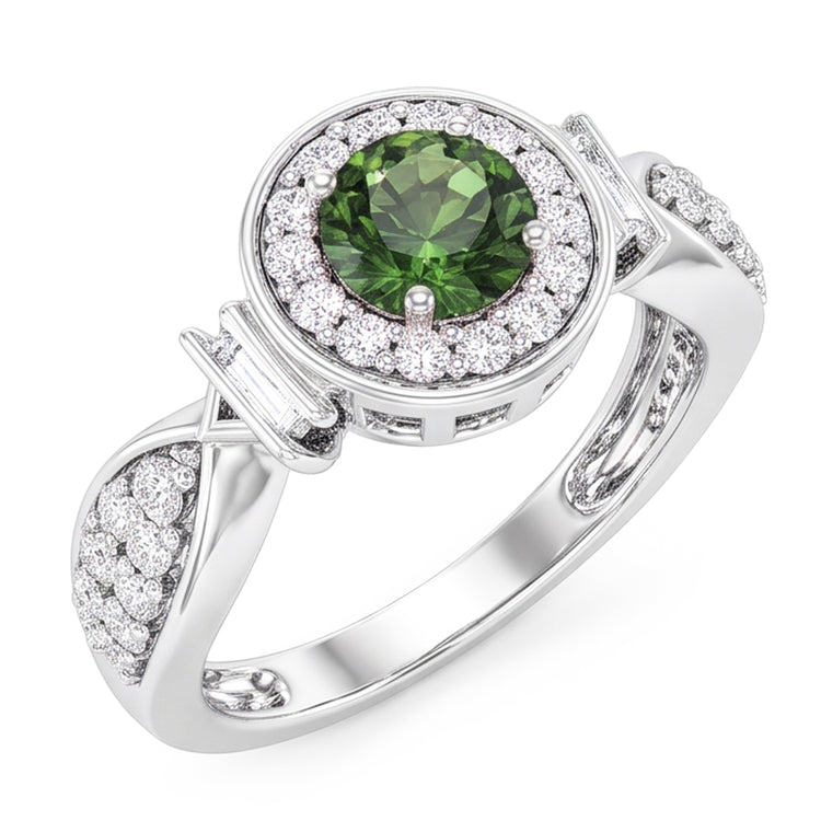 Bague en diamant rond avec saphir vert. bijoux en or blanc 1.35 ct.