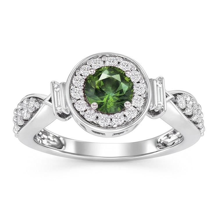 Bague en diamant rond avec saphir vert. bijoux en or blanc 1.35 ct.