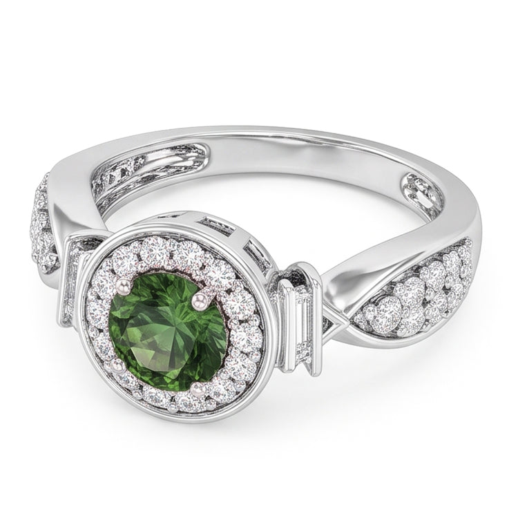 Bague en diamant rond avec saphir vert. bijoux en or blanc 1.35 ct.