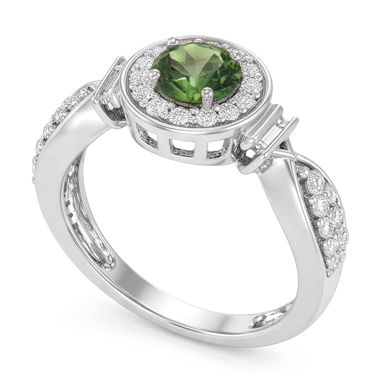 Bague en diamant rond avec saphir vert. bijoux en or blanc 1.35 ct.