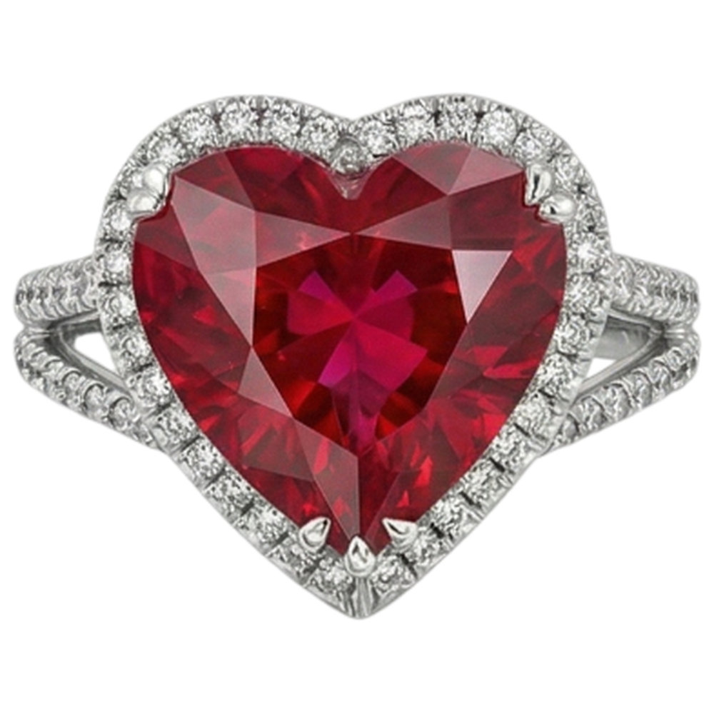 Bague en diamant rouge rubis 7.75 carats taille coeur or blanc 14K