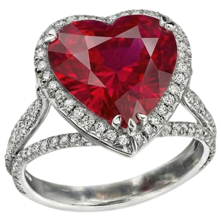 Bague en diamant rouge rubis 7.75 carats taille coeur or blanc 14K