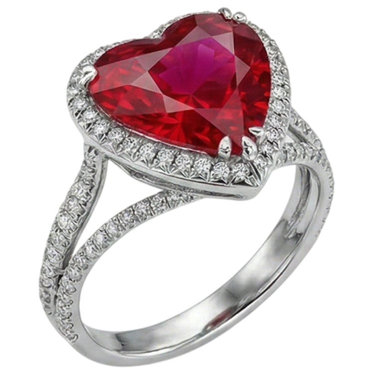 Bague en diamant rouge rubis 7.75 carats taille coeur or blanc 14K