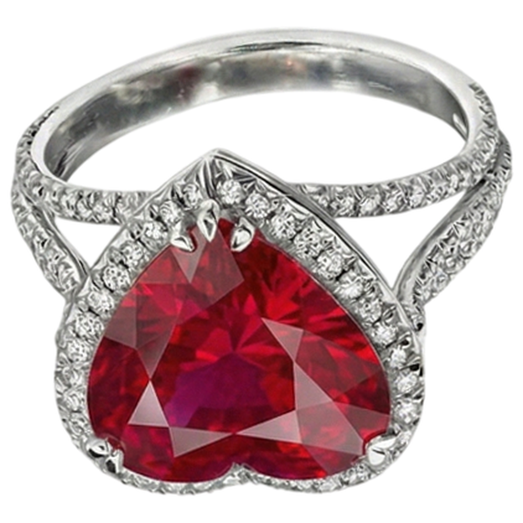 Bague en diamant rouge rubis 7.75 carats taille coeur or blanc 14K