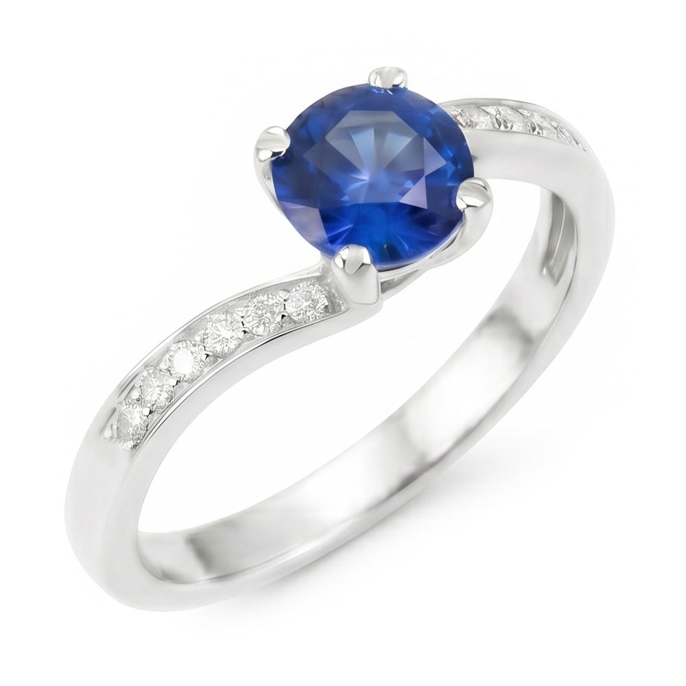 Bague en diamant saphir bleu de Ceylan Coupe Ronde de 1.25 ct