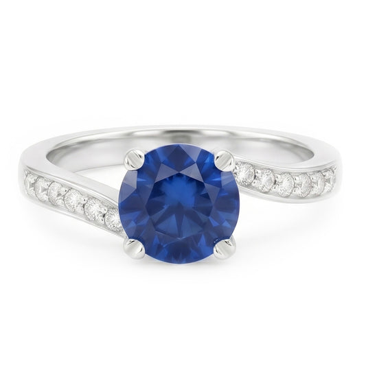 Bague en diamant saphir bleu de Ceylan Coupe Ronde de 1.25 ct