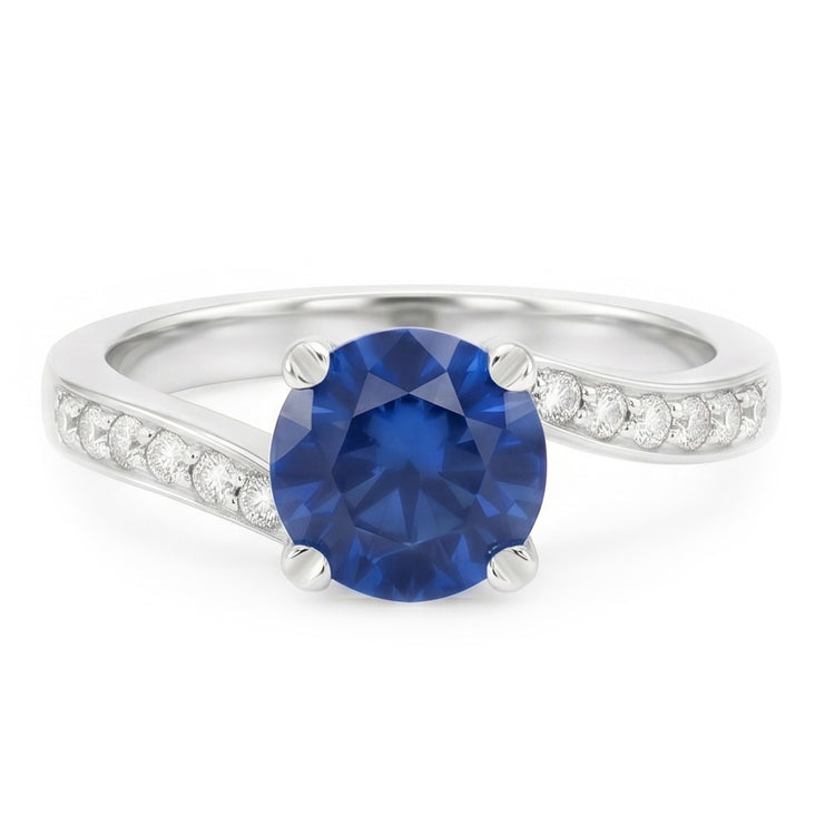 Bague en diamant saphir bleu de Ceylan Coupe Ronde de 1.25 ct