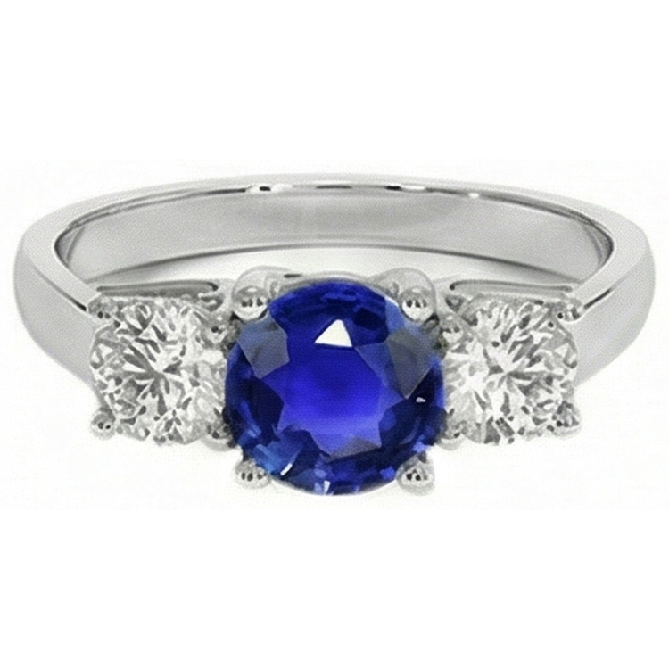 Bague en diamant saphir bleu rond 3 pierres sertie de griffes 4 carats en or 14k