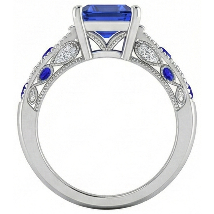 Bague en diamant saphir de Ceylan taille émeraude de style vintage 11.50 carats