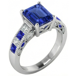 Bague en diamant saphir de Ceylan taille émeraude de style vintage 11.50 carats