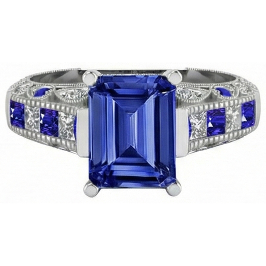 Bague en diamant saphir de Ceylan taille émeraude de style vintage 11.50 carats