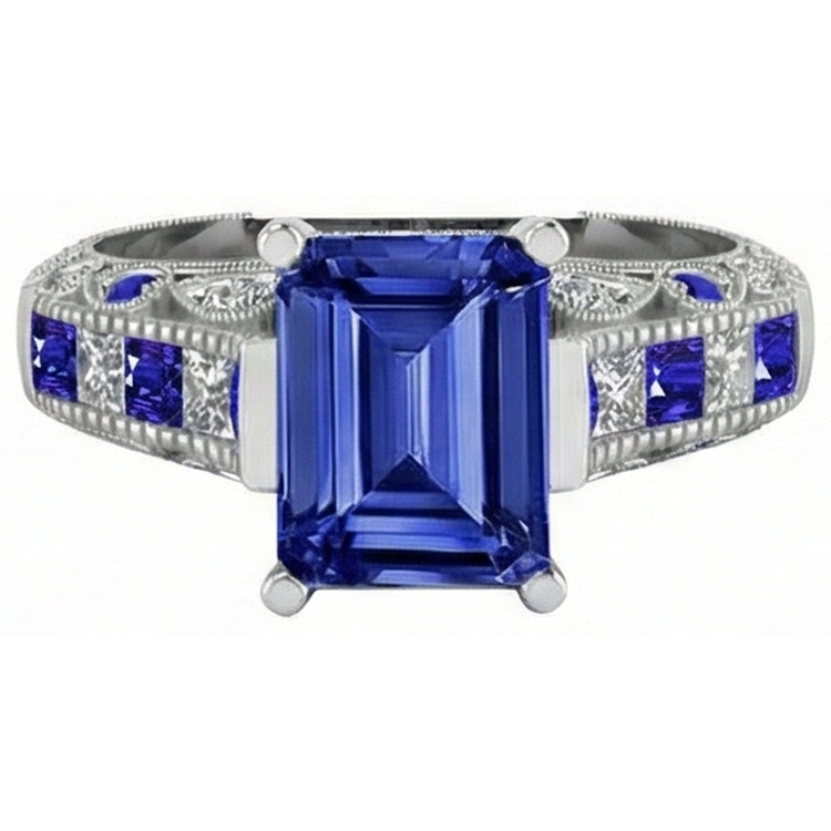 Bague en diamant saphir de Ceylan taille émeraude de style vintage 11.50 carats