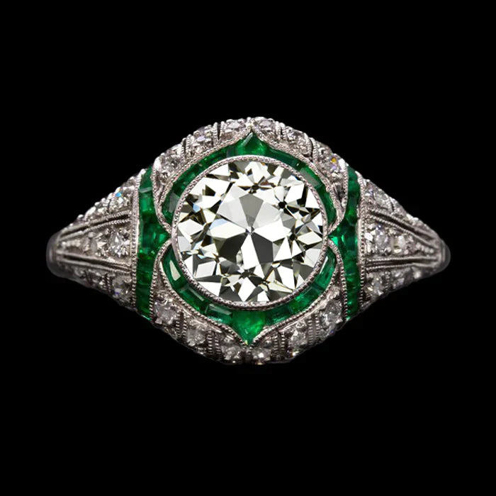 Bague en diamant taille ancienne de style ancien bijoux émeraude 4,50 carats