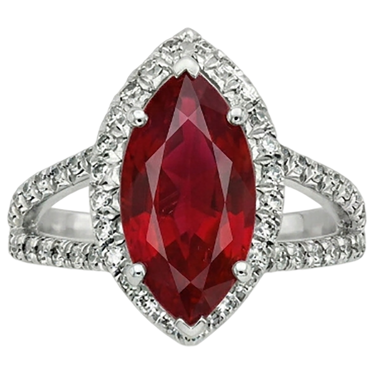 Bague en diamants rubis halo taille marquise rouge or blanc 5.55 ct