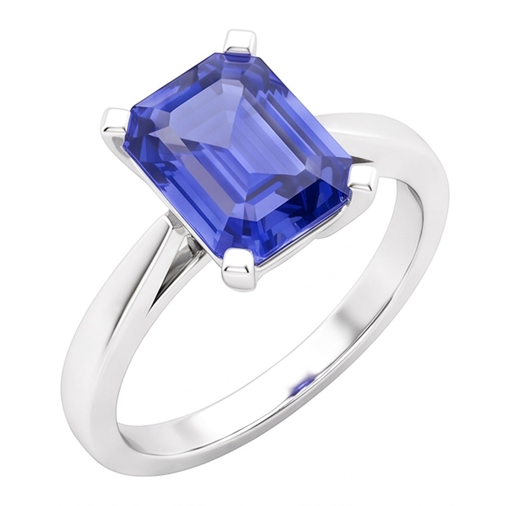 Bague en forme d'émeraude solitaire avec saphir de Ceylan serti cathédrale