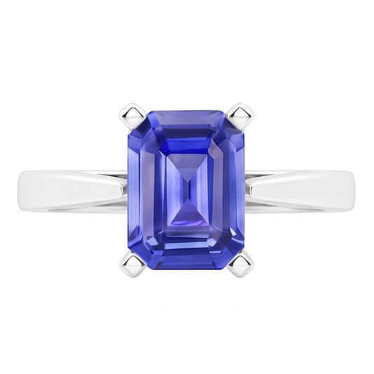 Bague en forme d'émeraude solitaire avec saphir de Ceylan serti cathédrale