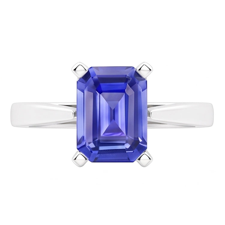 Bague en forme d'émeraude solitaire avec saphir de Ceylan serti cathédrale
