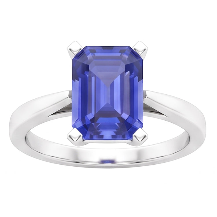 Bague en forme d'émeraude solitaire avec saphir de Ceylan serti cathédrale