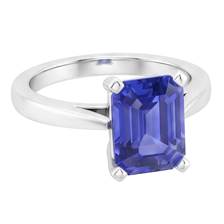 Bague en forme d'émeraude solitaire avec saphir de Ceylan serti cathédrale
