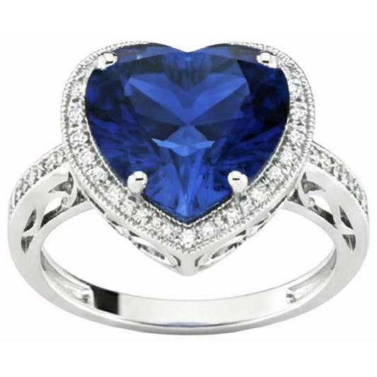 Bague en forme de coeur avec saphir bleu du Sri Lanka et diamants 7.76 carats WG 14K