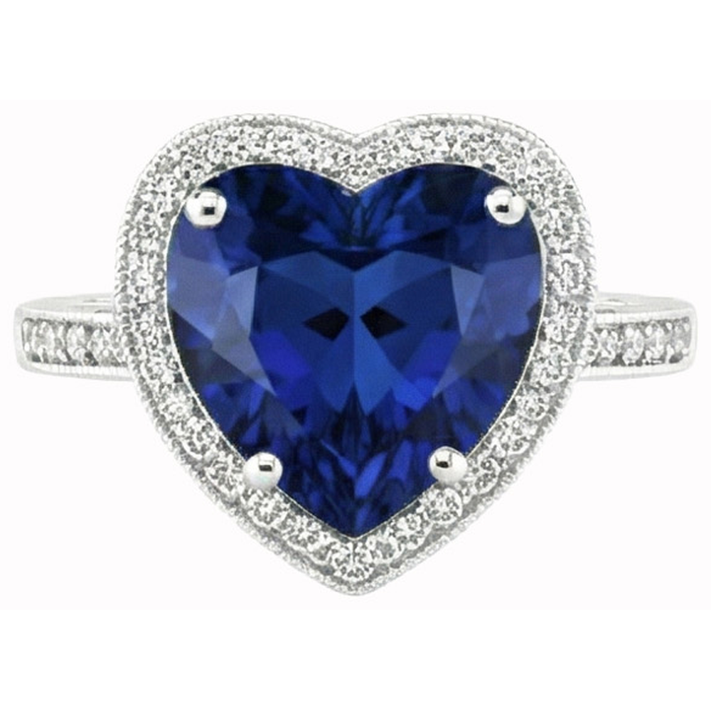 Bague en forme de coeur avec saphir bleu du Sri Lanka et diamants 7.76 carats WG 14K
